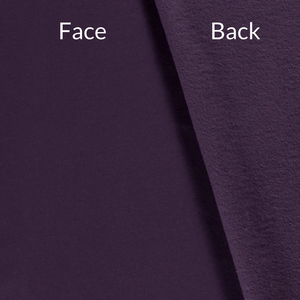 eggplant purple fabric swatch showing right side and wrong side of fabric