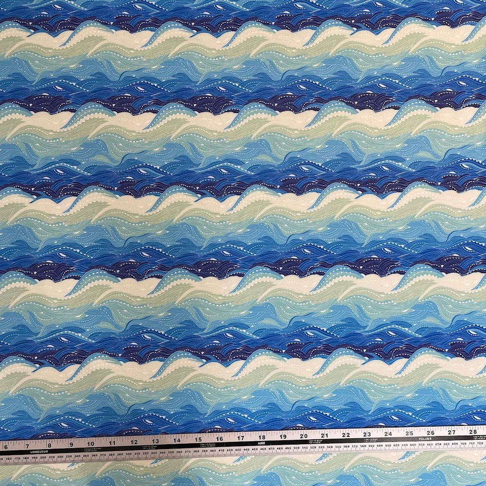 shades of blue and green waves polartec power dry heavy weight print fabric
