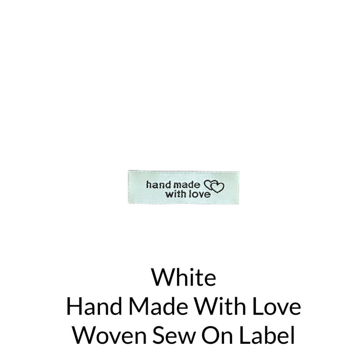 Black writing on white background woven sew on label