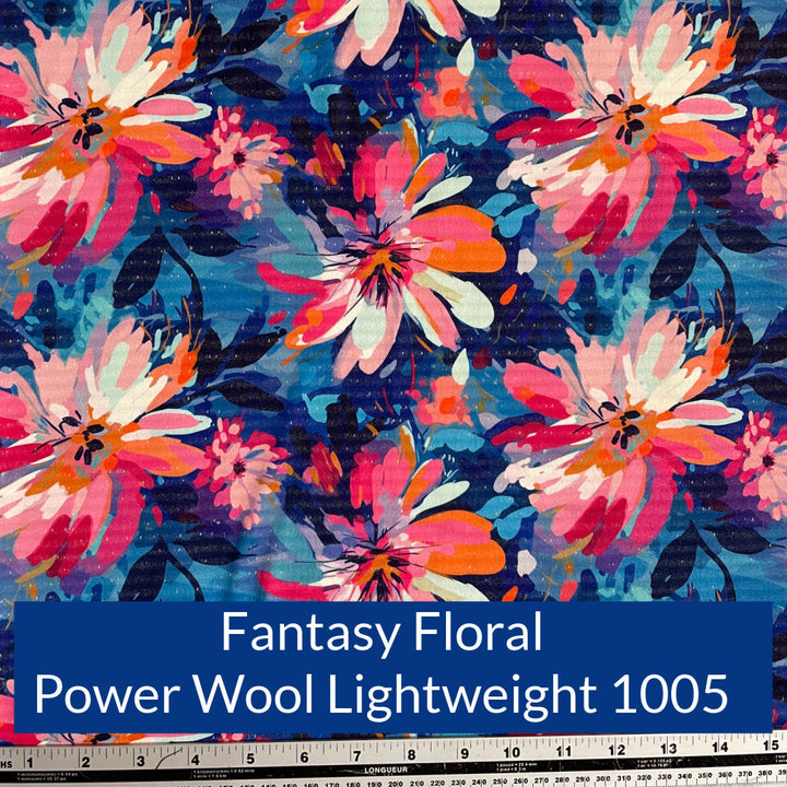 Fantasy Floral Large Pink and Orange and Cream Flowers on shades of blue background Polartec Power Wool Lightweight 1005 Fabric Swatch