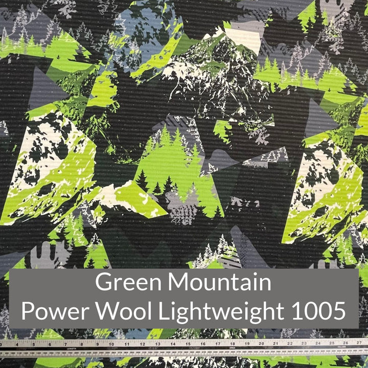 Green Mountain Pattern with Grey Black and White Polartec Power Wool Lightweight 1005 Fabric Swatch