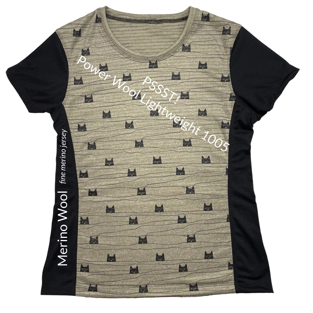 an image of a t-shirt made with the cute cat print on polartec power wool lightweight fabric with plain black merino wool jersey sleeves and side panels