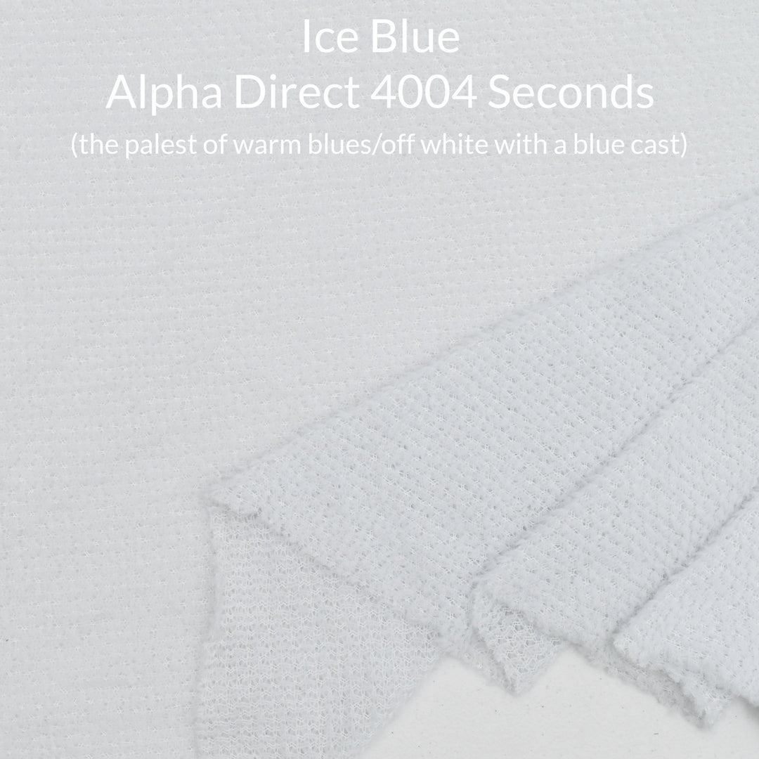 A close-up of textured knit fabric in a very light icy blue shade, with overlaid text reading 'Ice Blue Alpha Direct 4004 Seconds (the palest of warm blues/off white with a blue cast)'. 