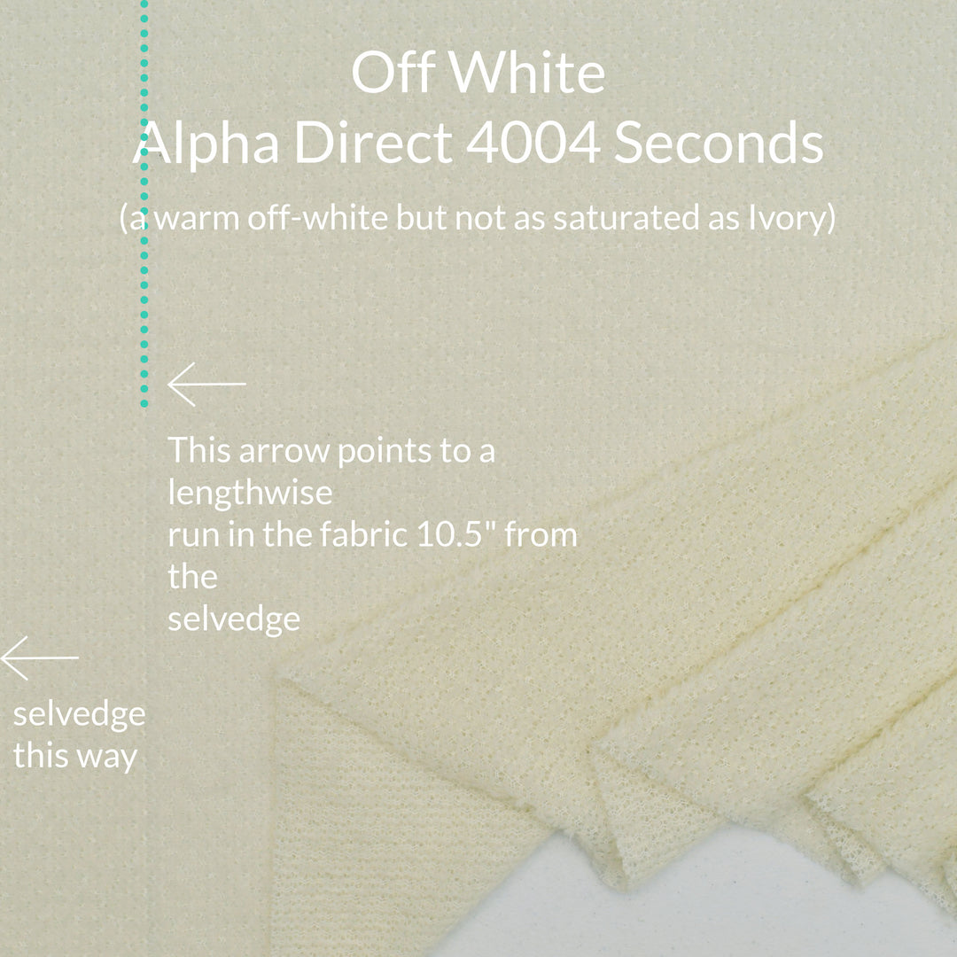 A fabric swatch showing a close-up of Polartec Alpha Direct fabric in off-white  with overlaid text reading 'Off White Alpha Direct 4004 Seconds' and an explanatory arrow pointing to a lengthwise fabric run.