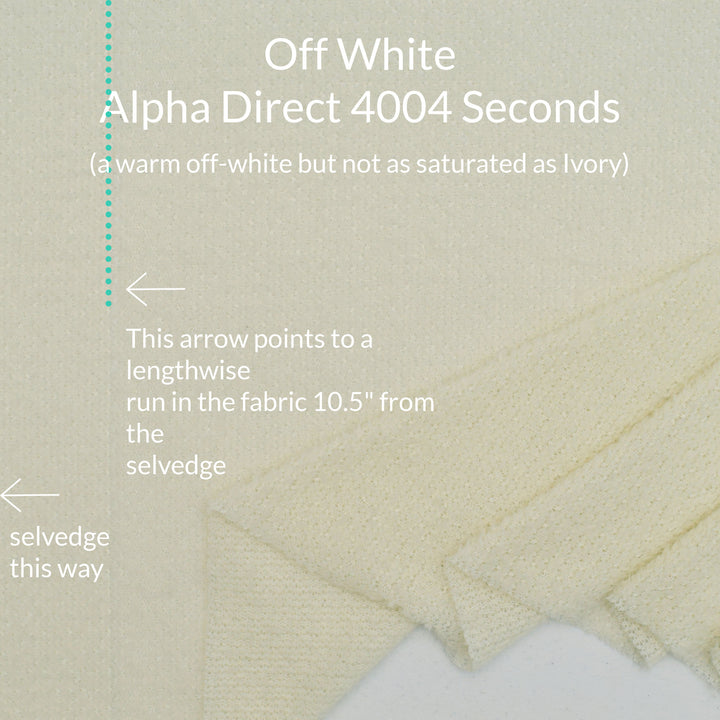 A fabric swatch showing a close-up of Polartec Alpha Direct fabric in off-white  with overlaid text reading 'Off White Alpha Direct 4004 Seconds' and an explanatory arrow pointing to a lengthwise fabric run.