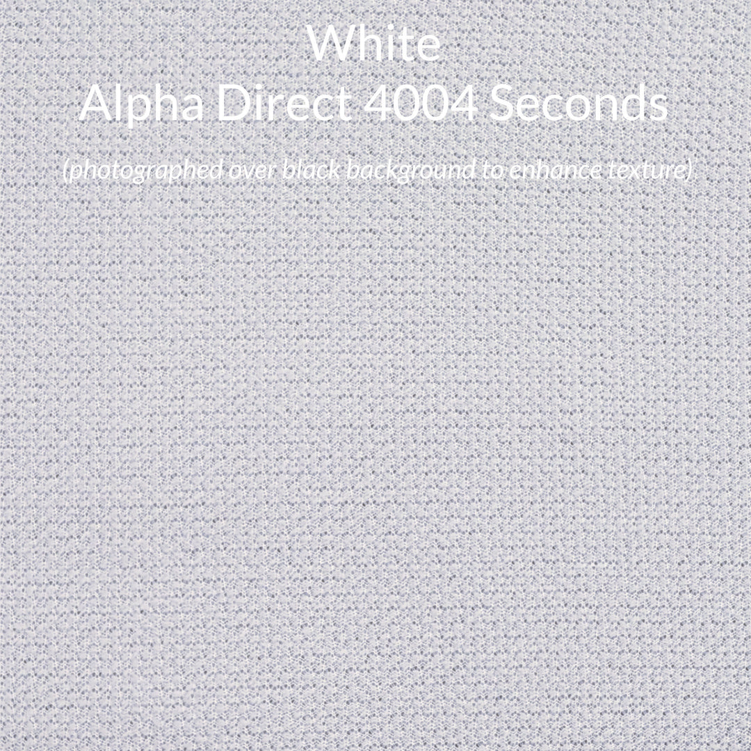 A close-up fabric texture swatch of Polartec Alpha Direct fabric in white with overlaid text reading 'White Alpha Direct 4004 Seconds' and a smaller note about being photographed over a black background to enhance texture.