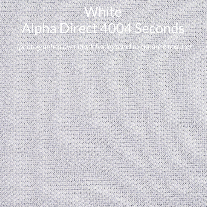 A close-up fabric texture swatch of Polartec Alpha Direct fabric in white with overlaid text reading 'White Alpha Direct 4004 Seconds' and a smaller note about being photographed over a black background to enhance texture.