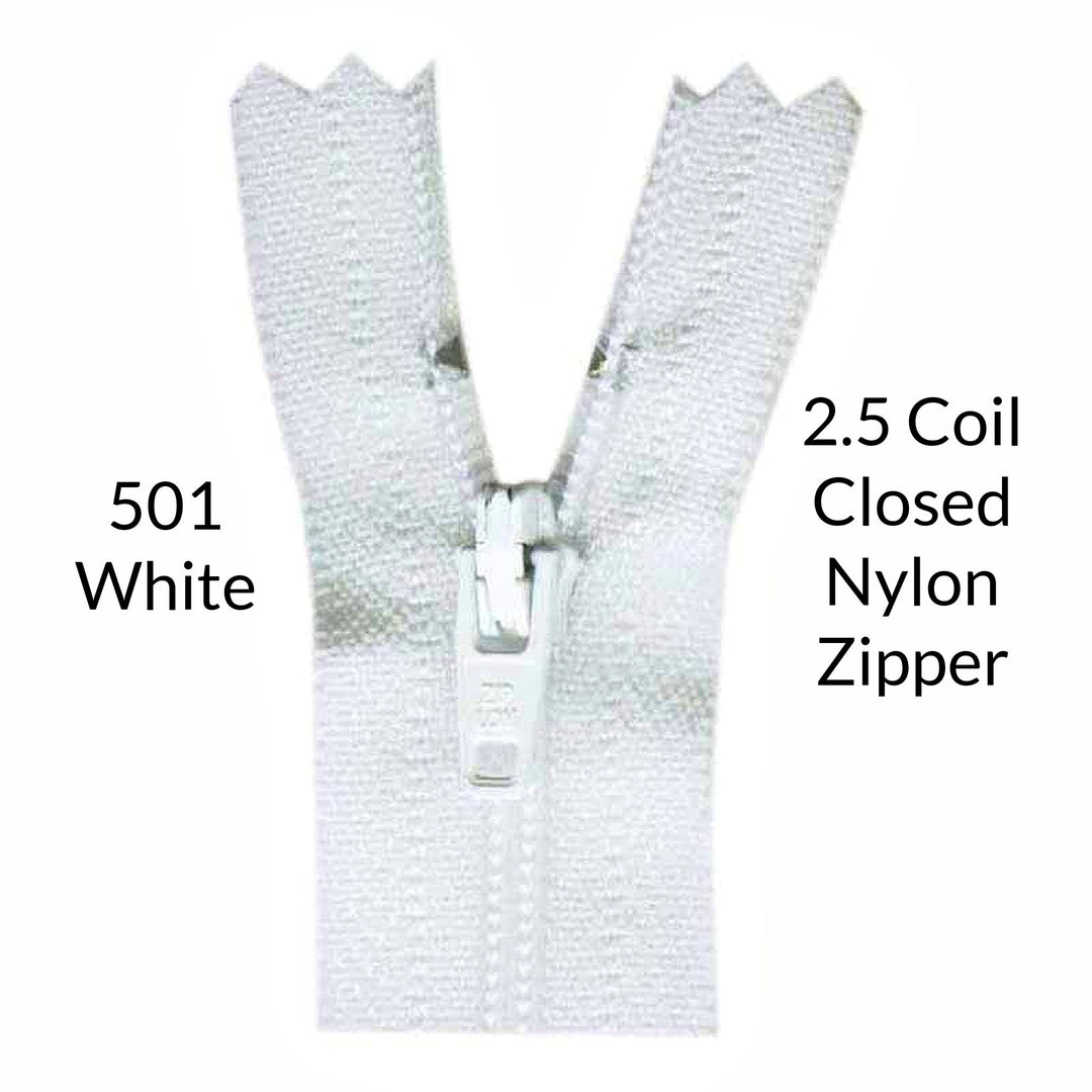 White 2.5 coil closed zipper on a white background