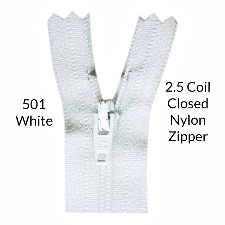 White 2.5 coil closed zipper on a white background