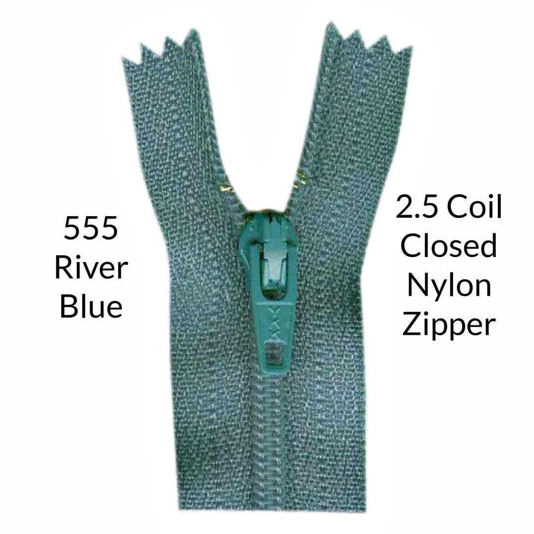 Grey Blue 2.5 coil closed zipper on a white background