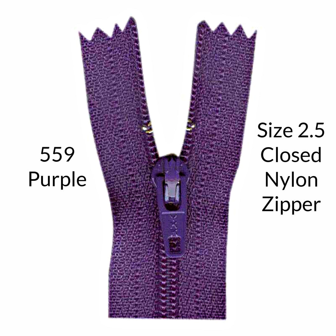 Purple 2.5 coil closed zipper on a white background
