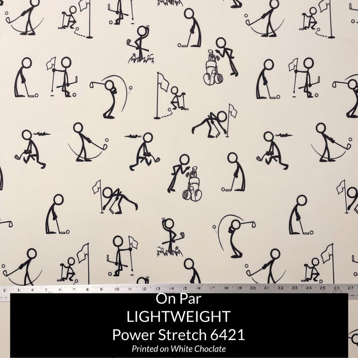 Power Stretch Fleece Backed fabric in beige with stickmen in various golfing positions in black ink