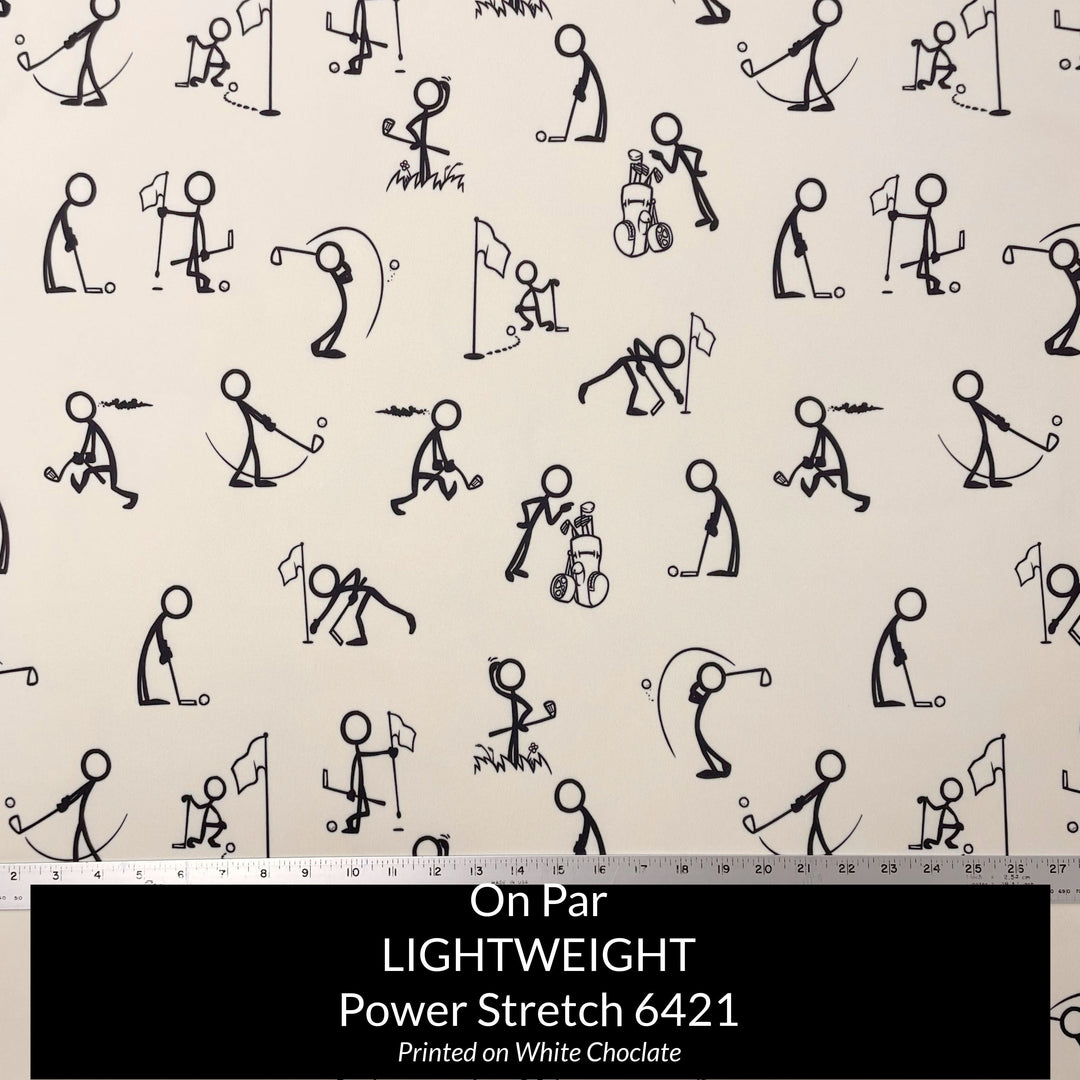 Power Stretch Fleece Backed fabric in beige with stickmen in various golfing positions in black ink