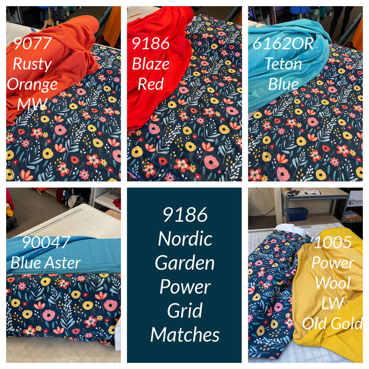 a collage showing solid colour matches to the nordic garden print