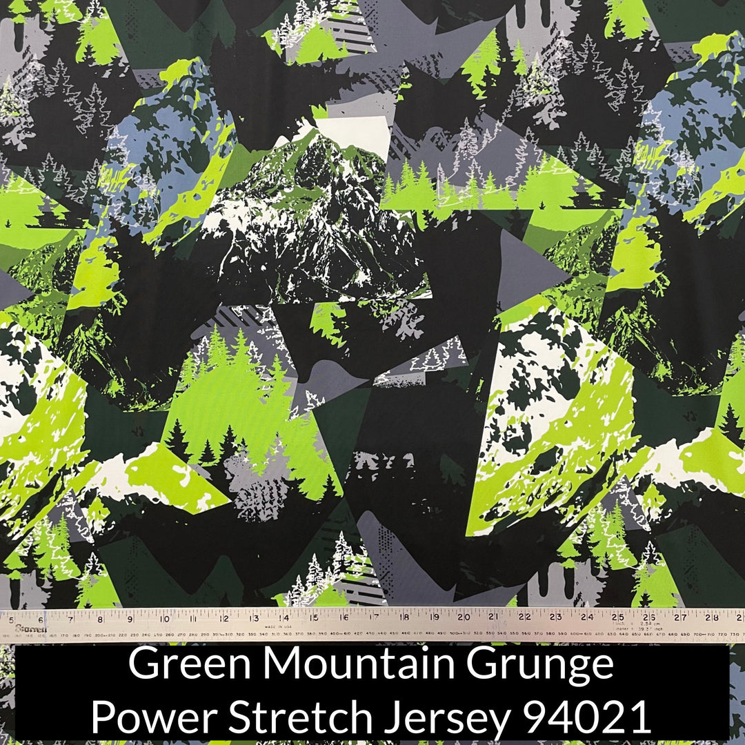 Shades of Green Grey and Black Mountains and Trees with Geometric Shapes Pattern of Power Stretch Jersey Fabaric