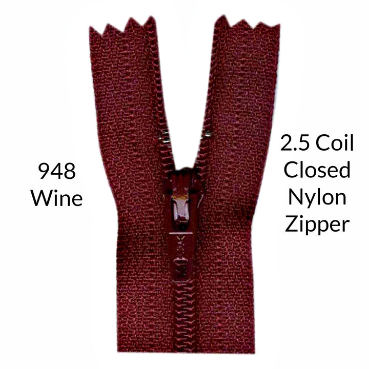 Burgundy 2.5 coil closed zipper on a white background