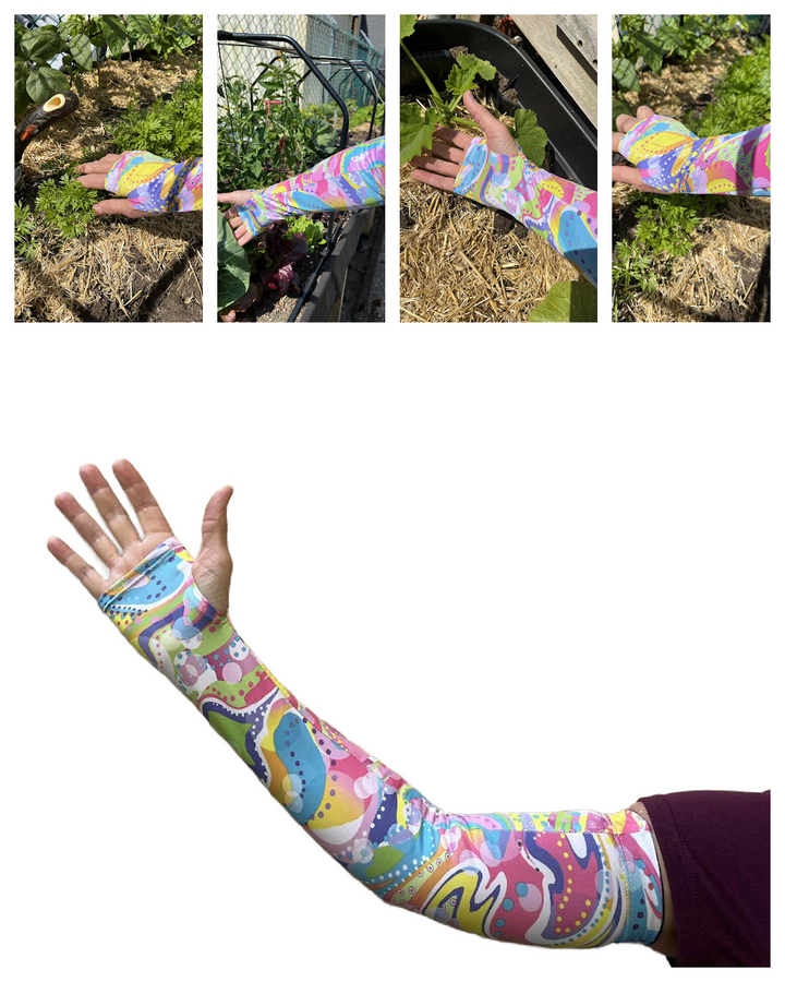 Colourful arm sleeve worn by a woman while gardening
