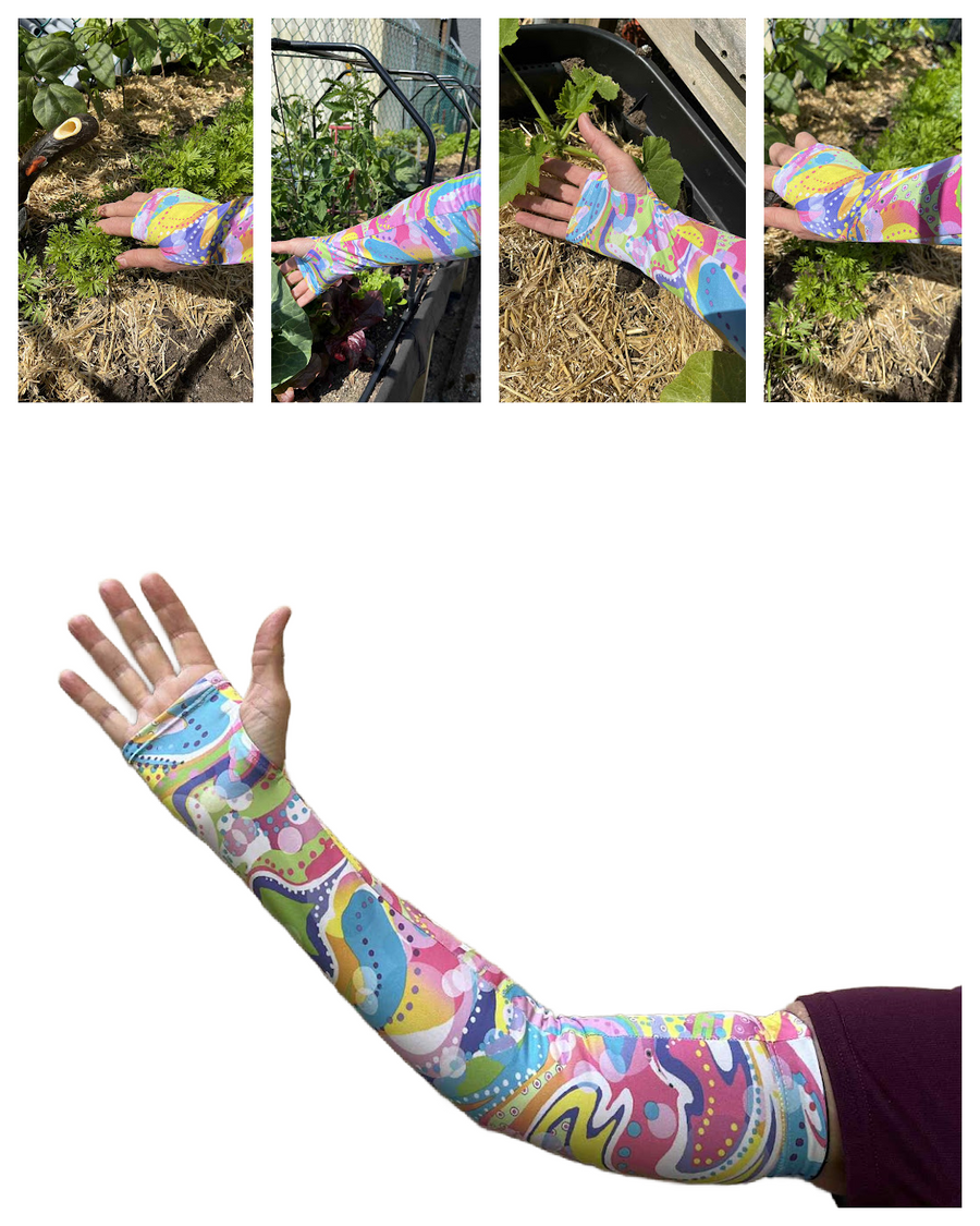 Colourful arm sleeve worn by a woman while gardening