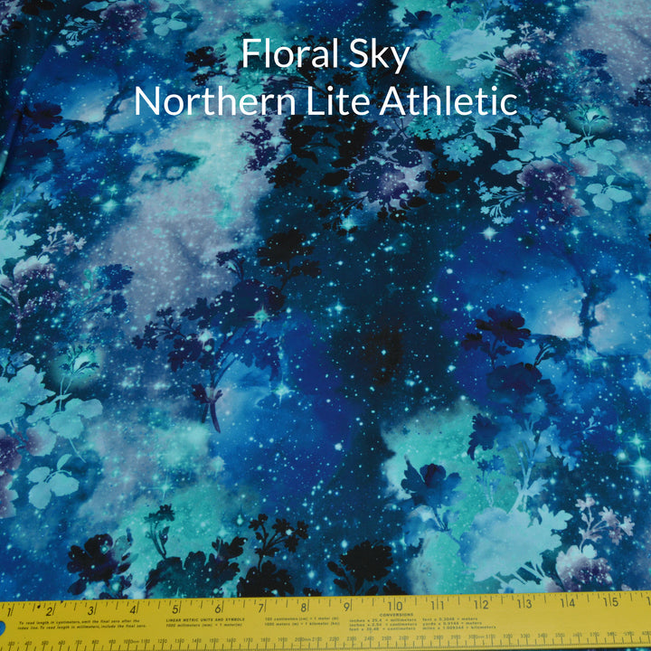 Floral Sky galaxy and floral print in navy teal royal and pale blue northern lite athletic fabric