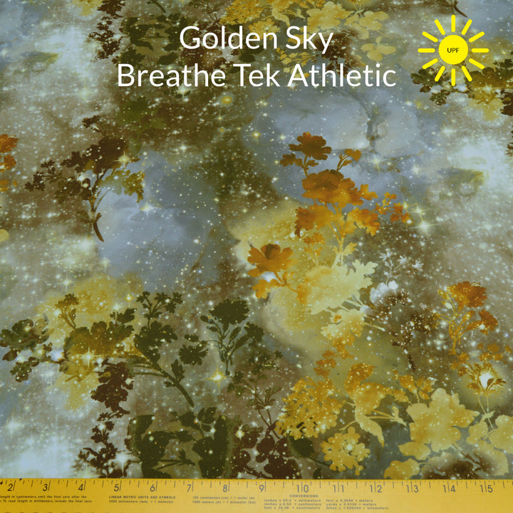 golden sky prints with grey gold and olives greens florals and night sky breathe tek athletic