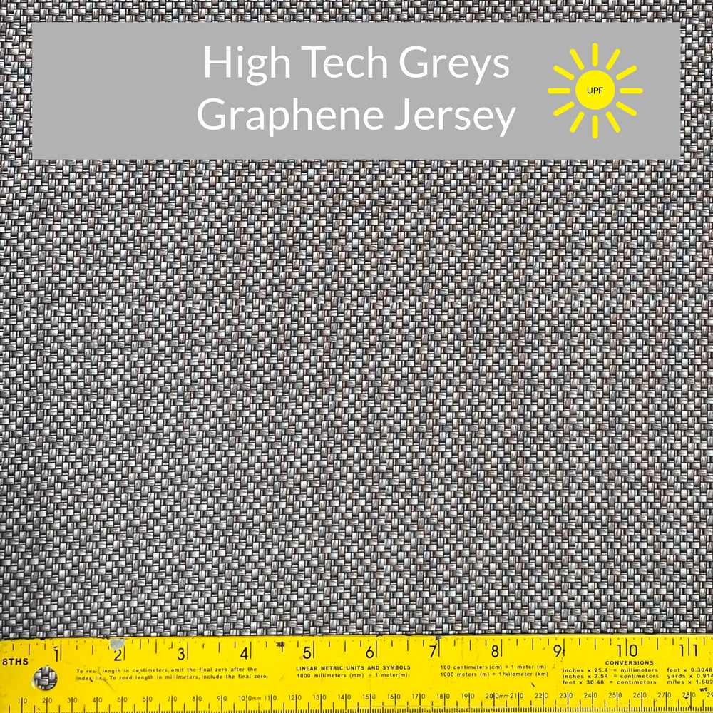 Shades of grey small woven texture print labelled High Tech Greys Magic Yarn Graphene Jersey