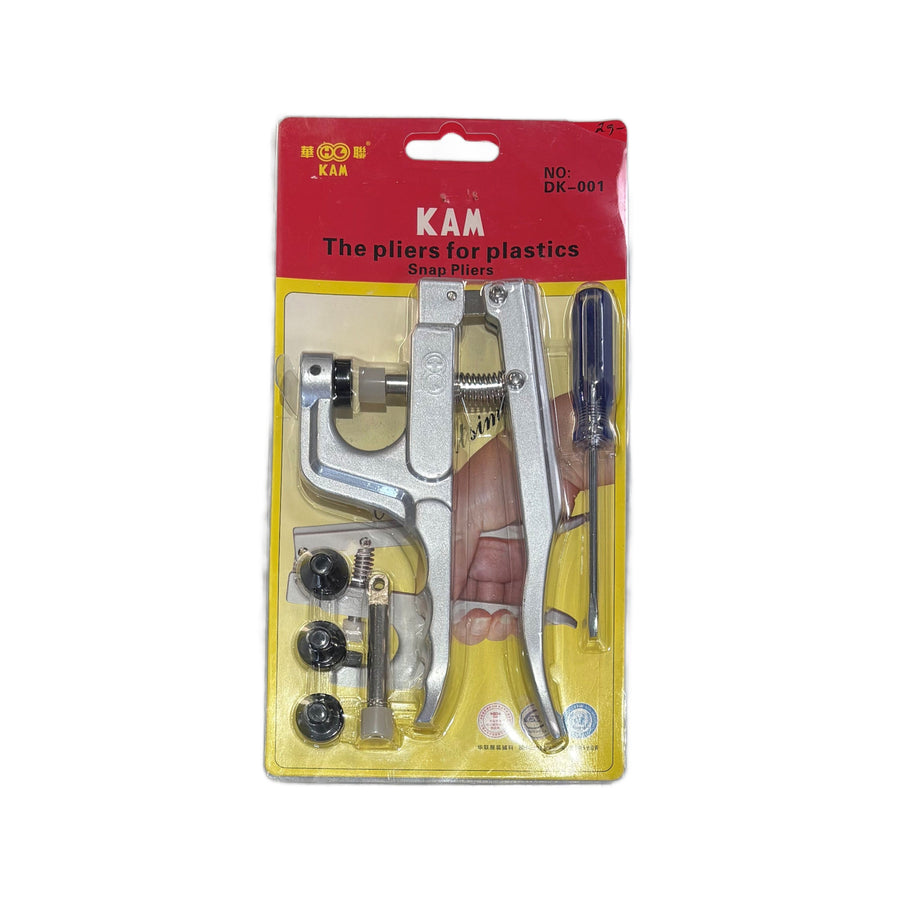KAM plastic pliers tool set in its original retail blister packaging, featuring a silver metal plier, a screwdriver, and mounting hardware on a red and yellow backing card.