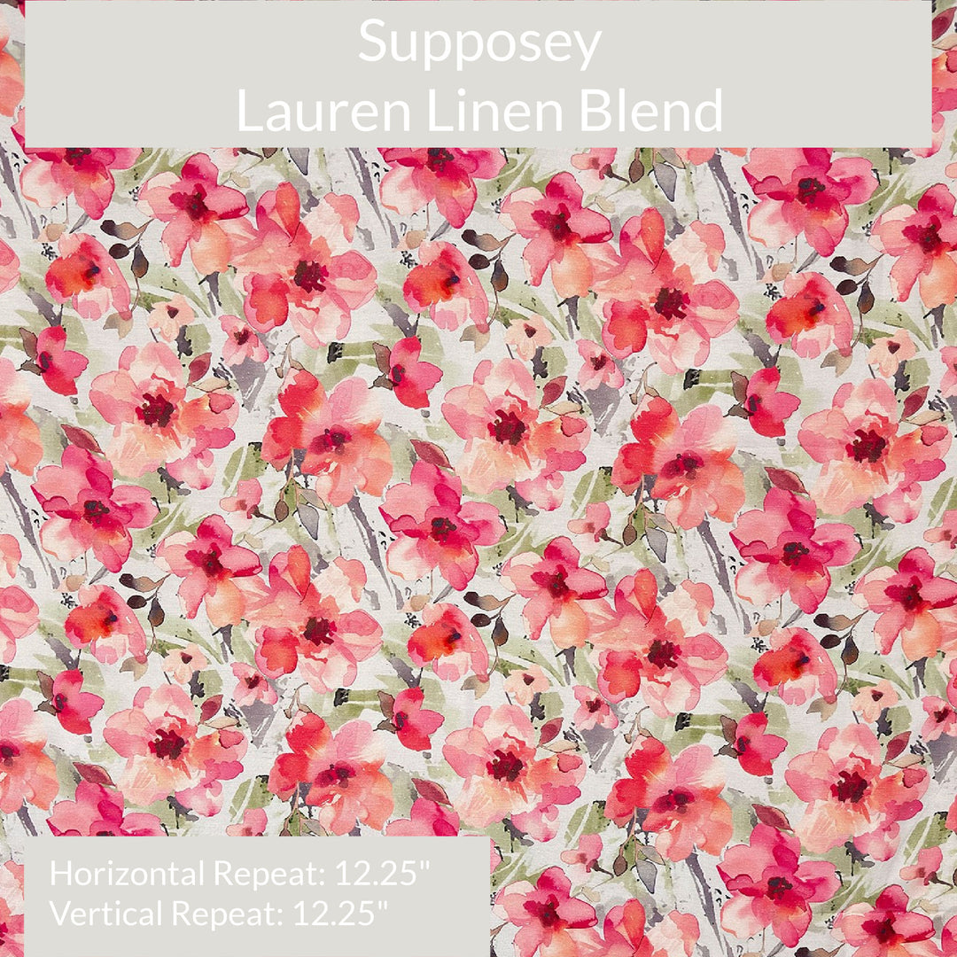 Floral fabric swatch with horizontal repeat noted for Supposey Lauren Linen Blend. Colours include shades of pink and olive green on a natural background.