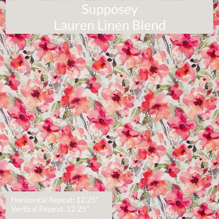 Floral fabric swatch with horizontal repeat noted for Supposey Lauren Linen Blend. Colours include shades of pink and olive green on a natural background.