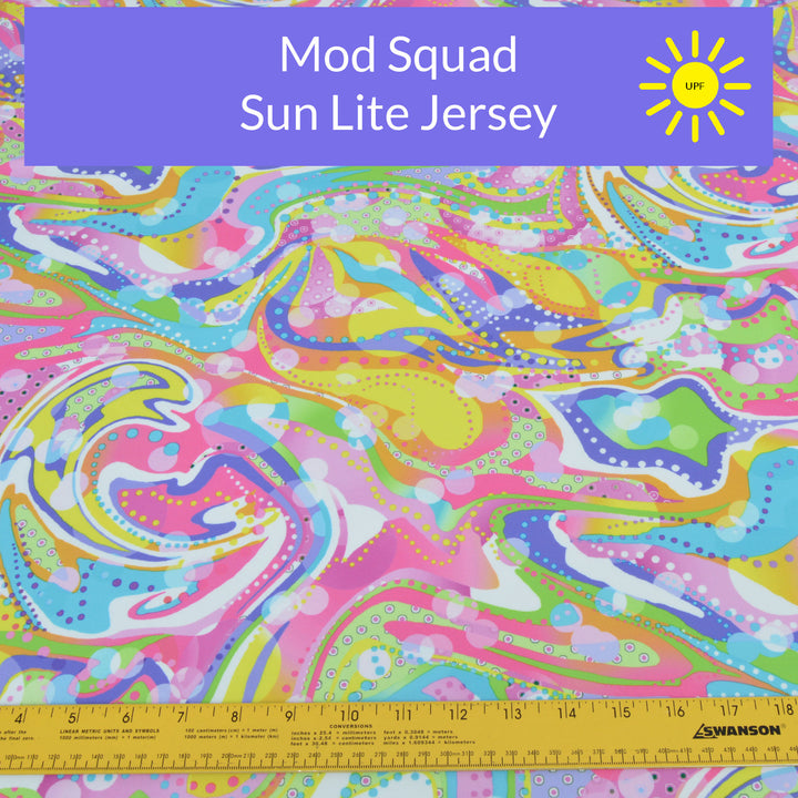 Retro sixties pattern in pink aqua yellow orange green and periwinkle sun lite jersey