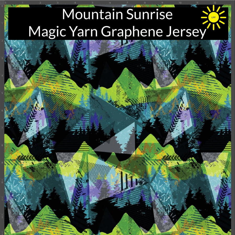 Geographic mountain print fabric swatch in shades of black blue and lime green labelled Mountain Sunrise Magic Yarn Graphene Jersey