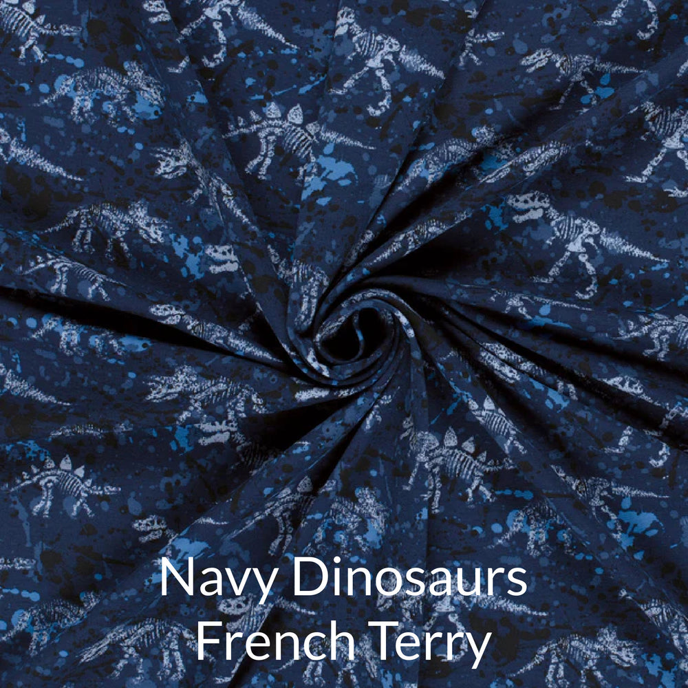 French terry fabric swatch of dinosaur skeleton print in shades of blue