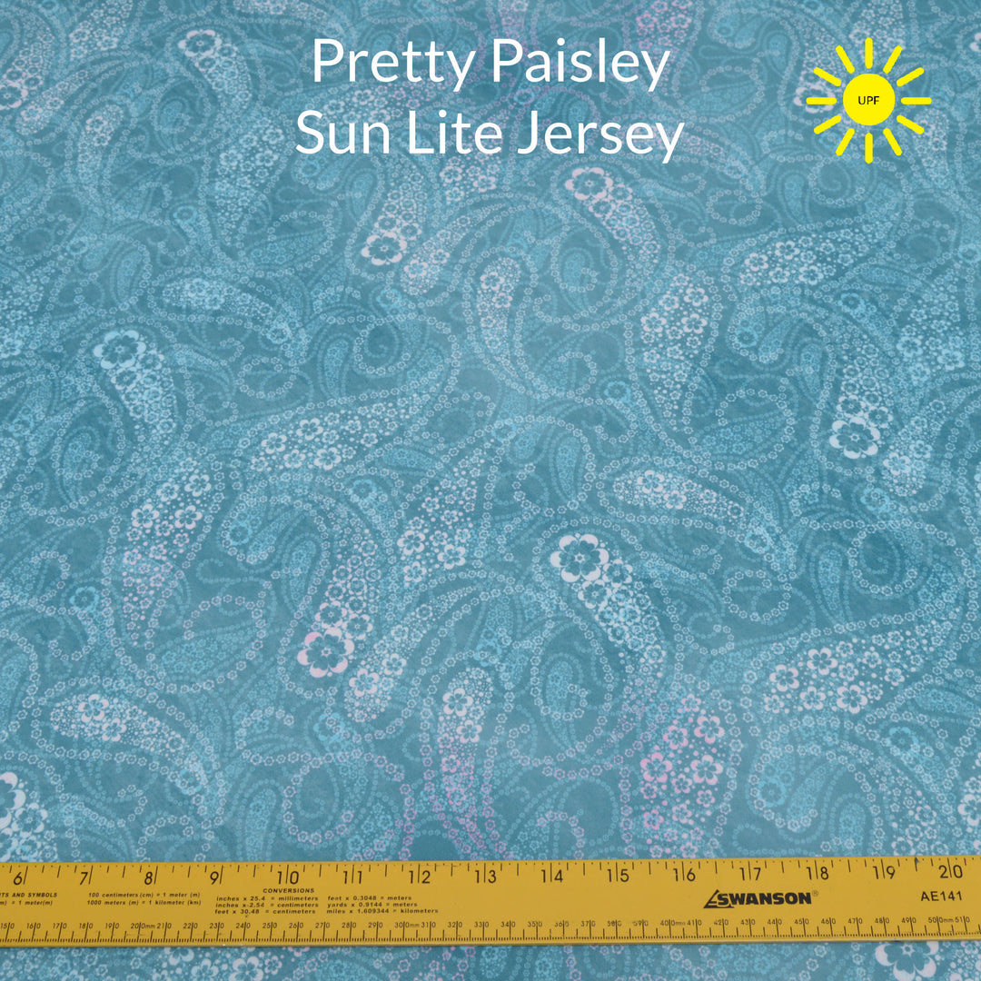 Paisley in shades of white light teal and pink sun lite jersey