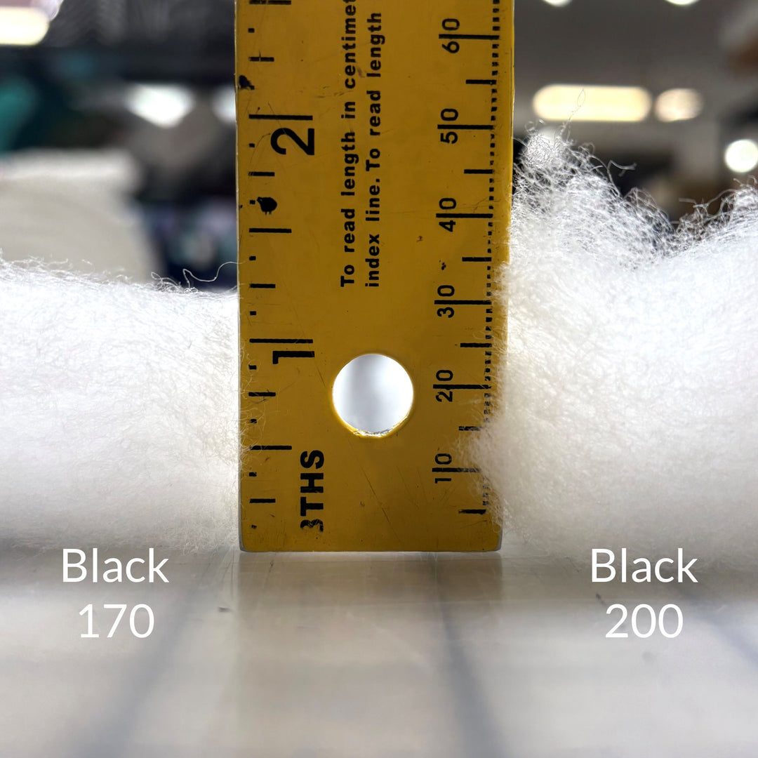 Cross section image comparing loft height using a ruler of PrimaLoft Black style insulation in 170 and 200 gsm weights.