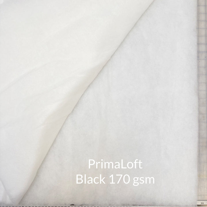 PrimaLoft black style of insulation material with a label indicating 170 gsm weight 