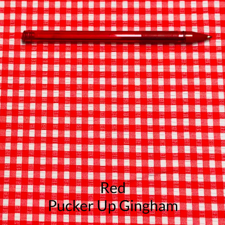 Red and White Pucker Gingham Stretch Woven Wicking Fabric Swatch