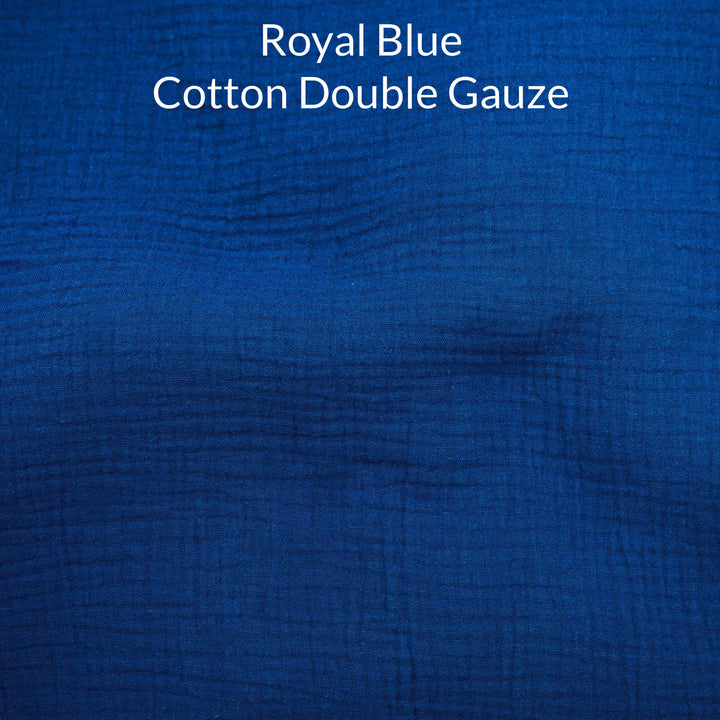 Royal Blue Cotton Double Gauze fabric with text overlay