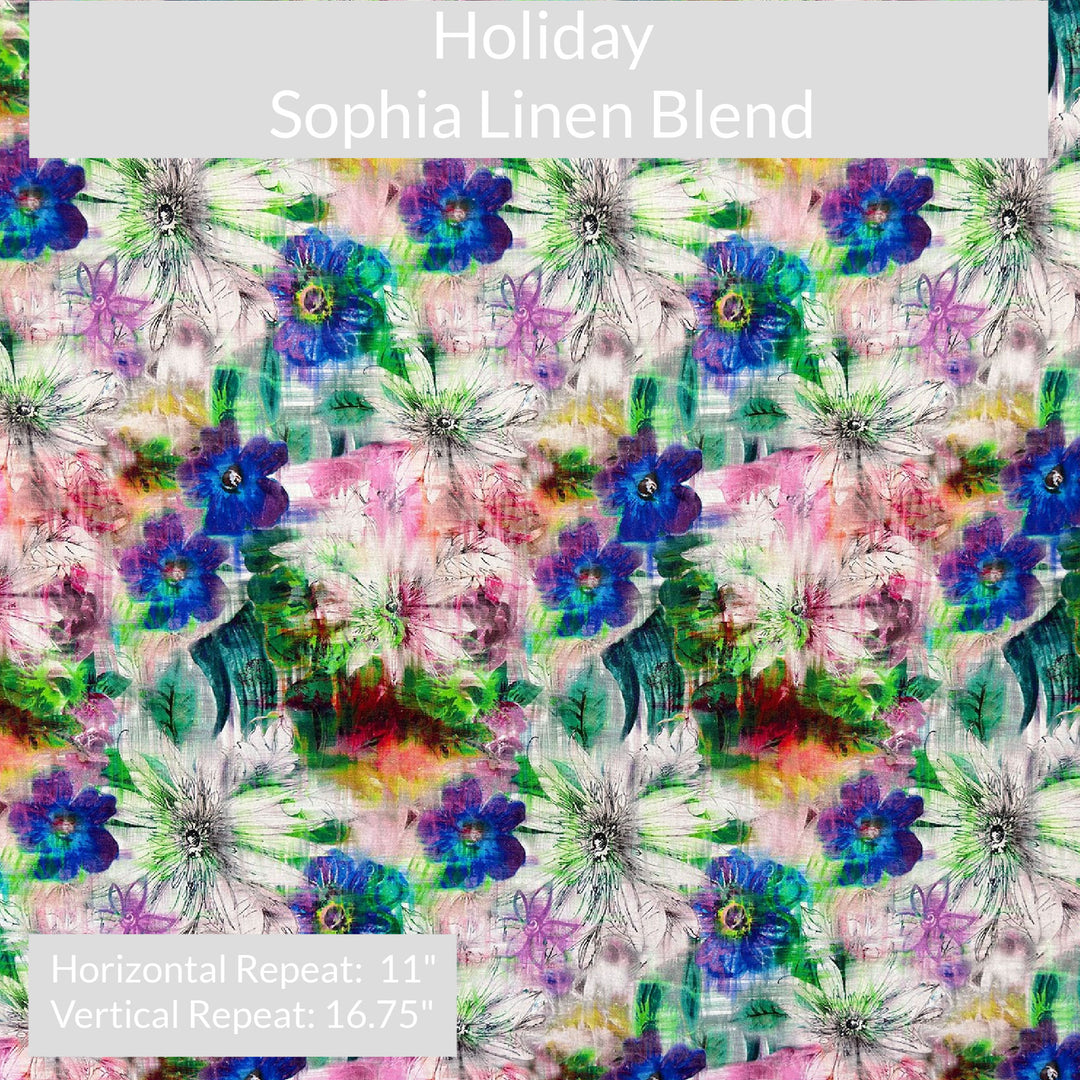 Colorful floral pattern with text 'Holiday Sophia Linen Blend' on a natural background