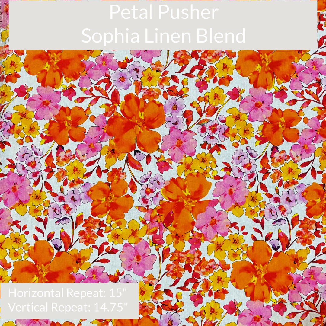 Floral pattern with orange, pink, and yellow flowers on a natural background, labeled 'Petal Pusher Sophia Linen Blend'.