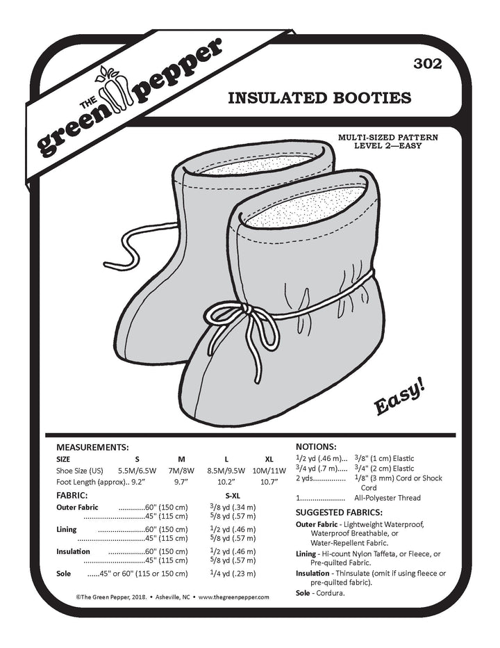 Pattern package for insulated booties by The Green Pepper with black and white illustration and text.