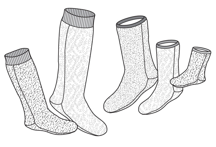 Five polar socks black and white line drawings