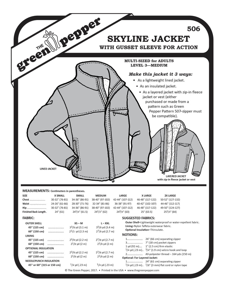 Skyline jacket pattern cover with measurements and fabric suggestions on a white background
