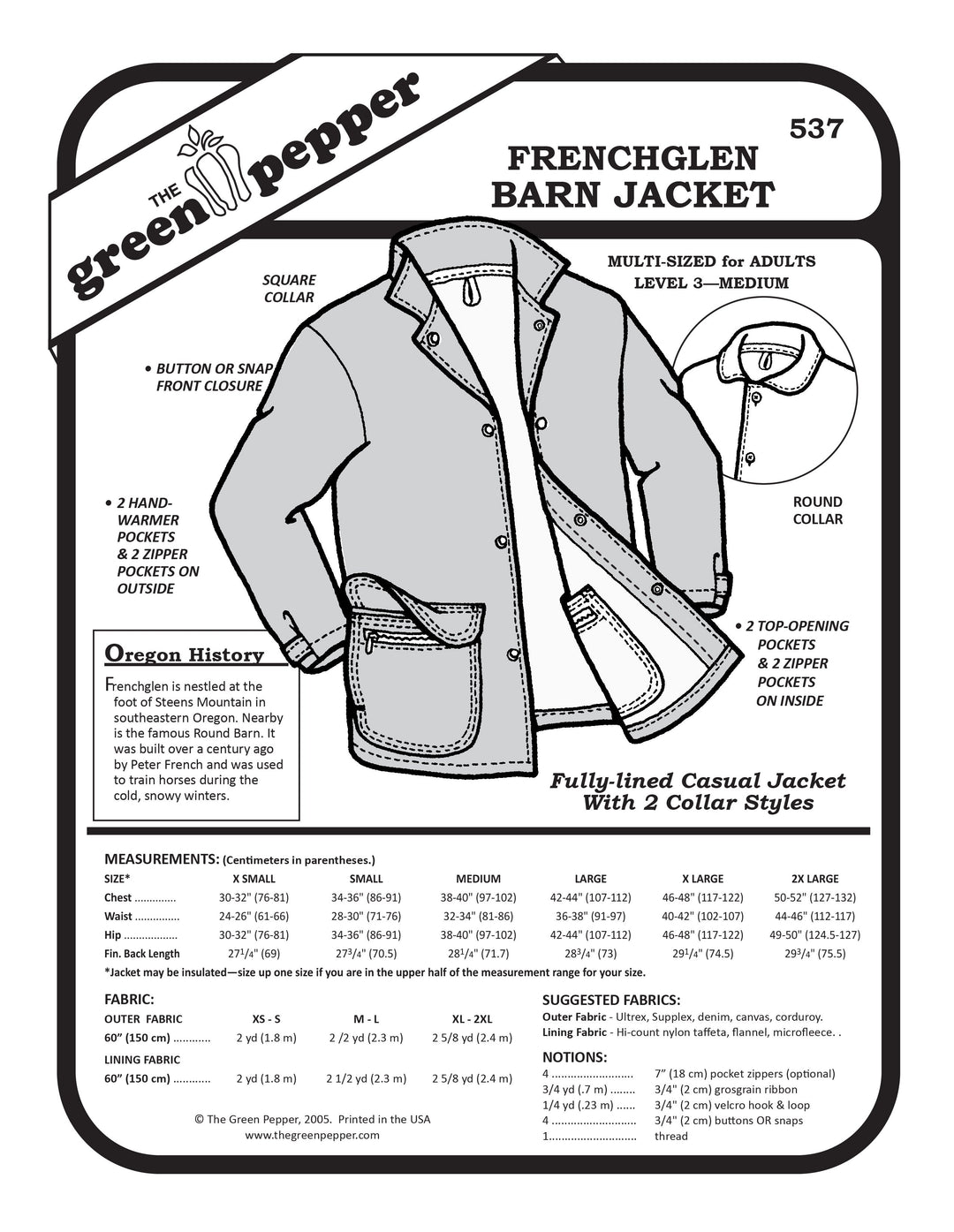 black and white over of frenchglen barn jacket with description of notions and fabrics and sizes.