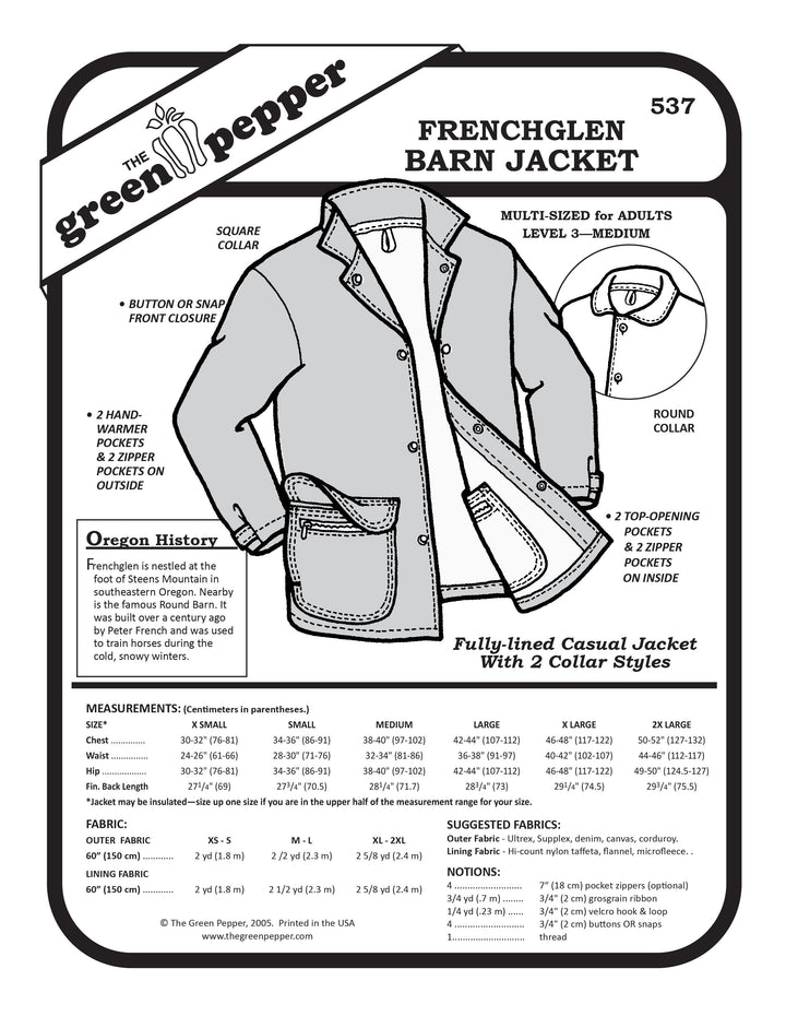 black and white over of frenchglen barn jacket with description of notions and fabrics and sizes.