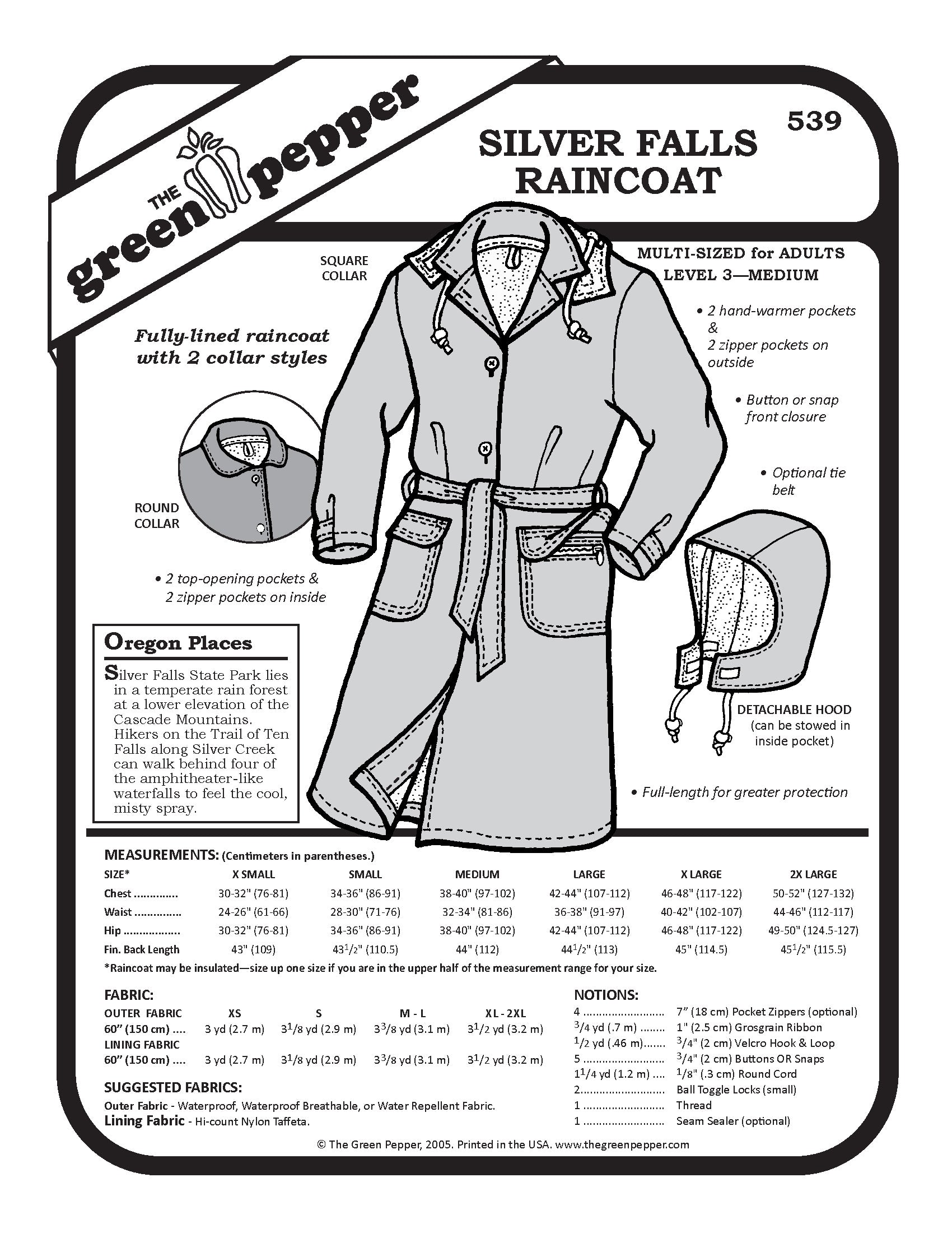 539 – Silver Falls Raincoat Pattern – Discovery Fabrics