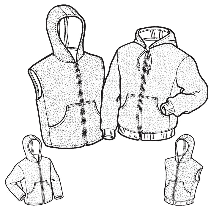 Line drawings of various hoodies and vests on a white background