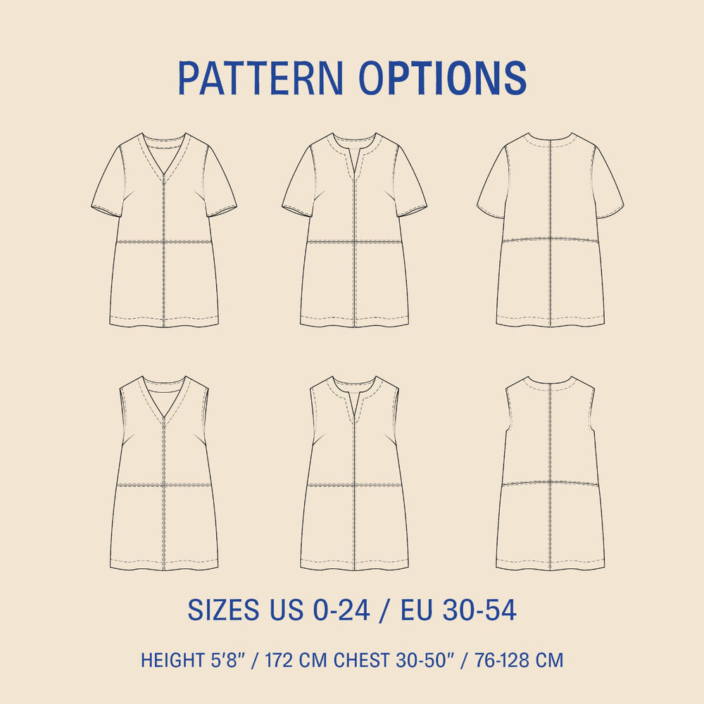 Pattern options for a dress with various views on a beige background