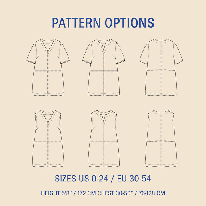 Pattern options for a dress with various views on a beige background