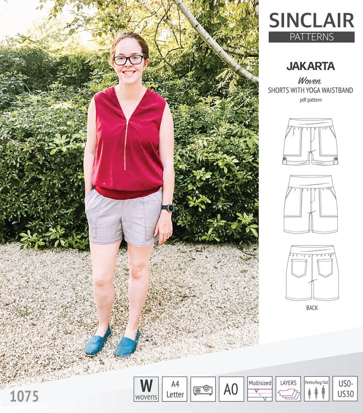 Pdf sewing pattern S1075 Jakarta woven shorts with pockets and yoga waistband by Sinclair Patterns