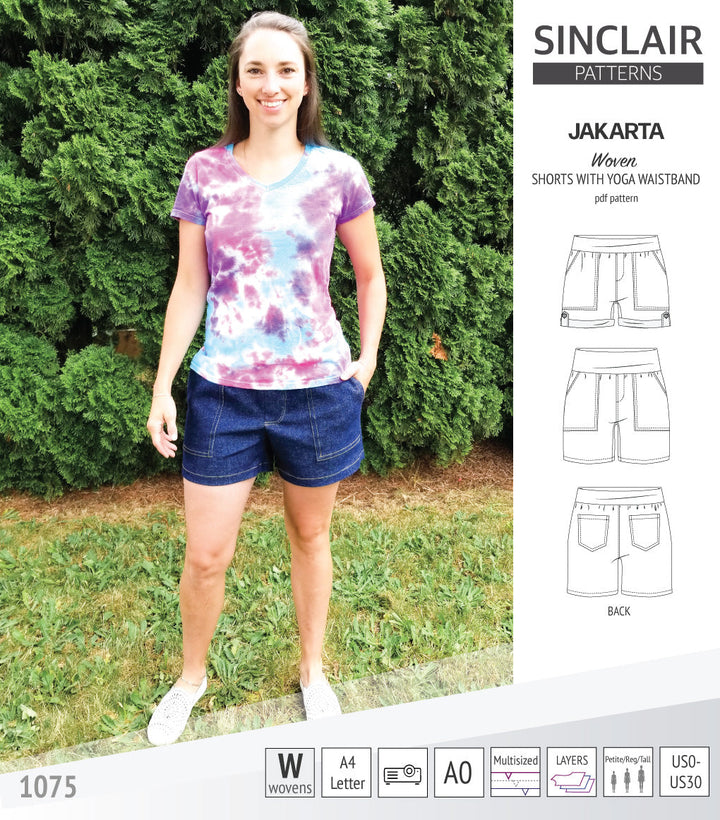 Pdf sewing pattern S1075 Jakarta woven shorts with pockets and yoga waistband by Sinclair Patterns
