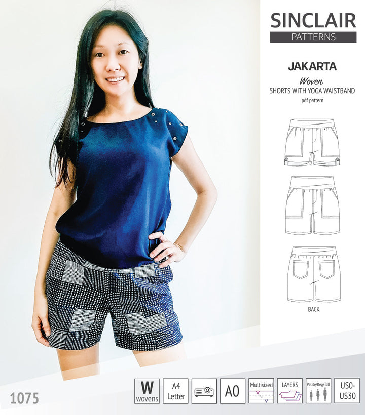 Pdf sewing pattern S1075 Jakarta woven shorts with pockets and yoga waistband by Sinclair Patterns